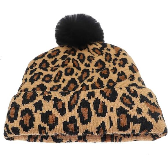 Winter Hat Leopard Print Unisex Cuffed Beanie Thick Knitted Warm Ski Cap - Picture 2 of 5